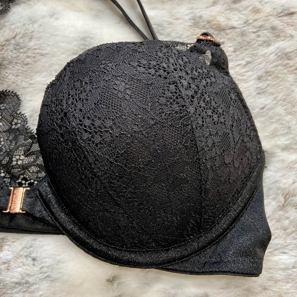 PINK Victoria’s Secret Black lace front clasping push-up bra,w-NWT gray cheekies - Picture 5 of 9